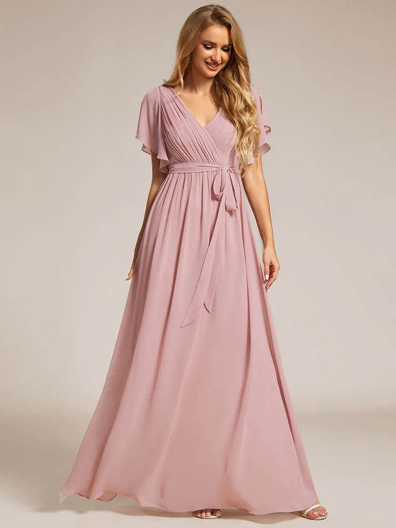 Elegant A-Line Bridesmaid Dress with Deep V-Neck and Ruffle Sleeves - Biamonde